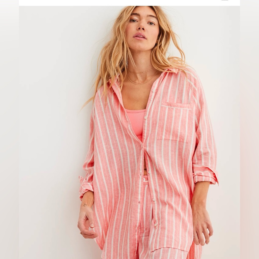 Aerie Pool-To-Party Linen Blend Cover Up Shirt and shorts combo size medium